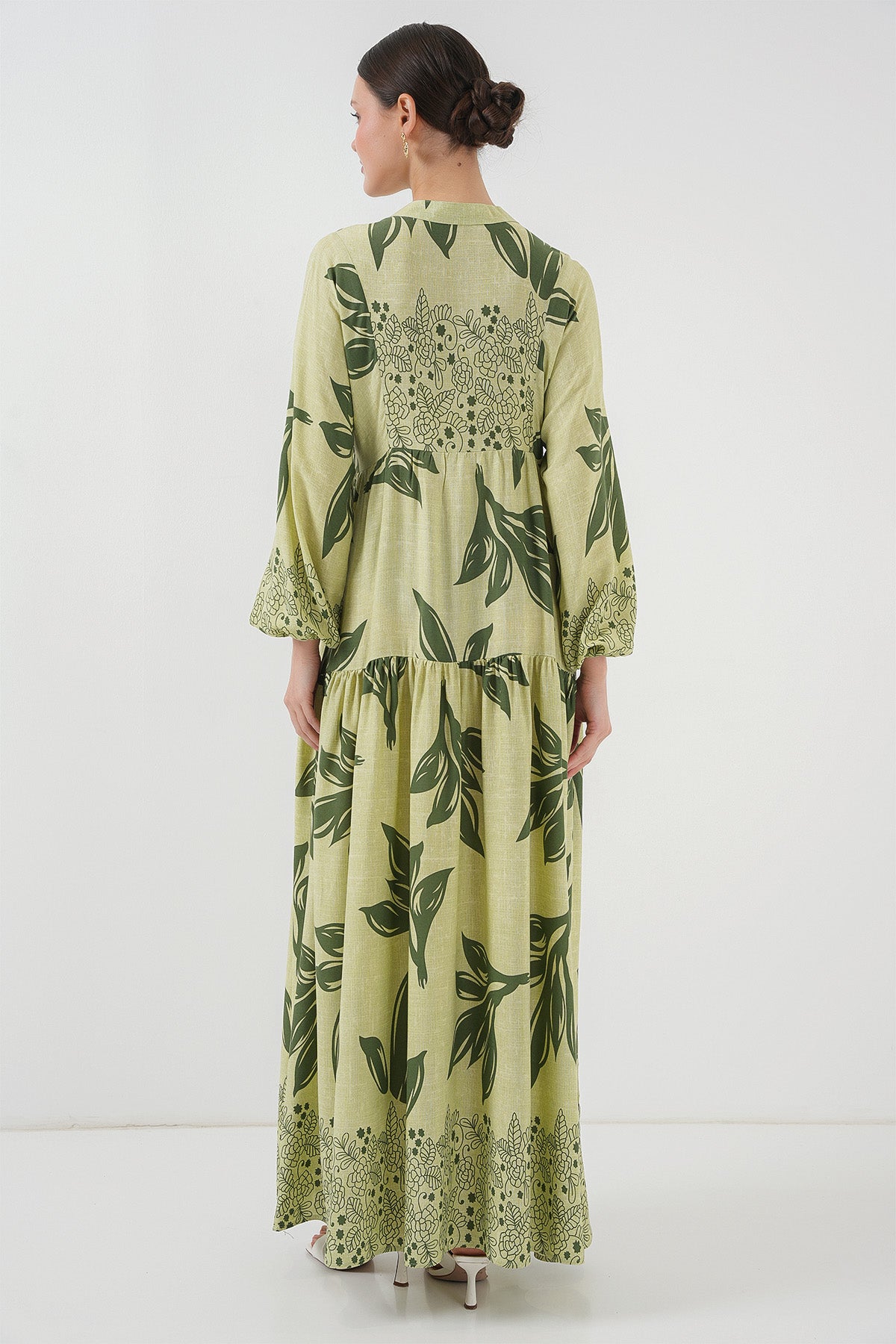 2423 Otantik Desenli Tesettür Elbise - Yeşil 4