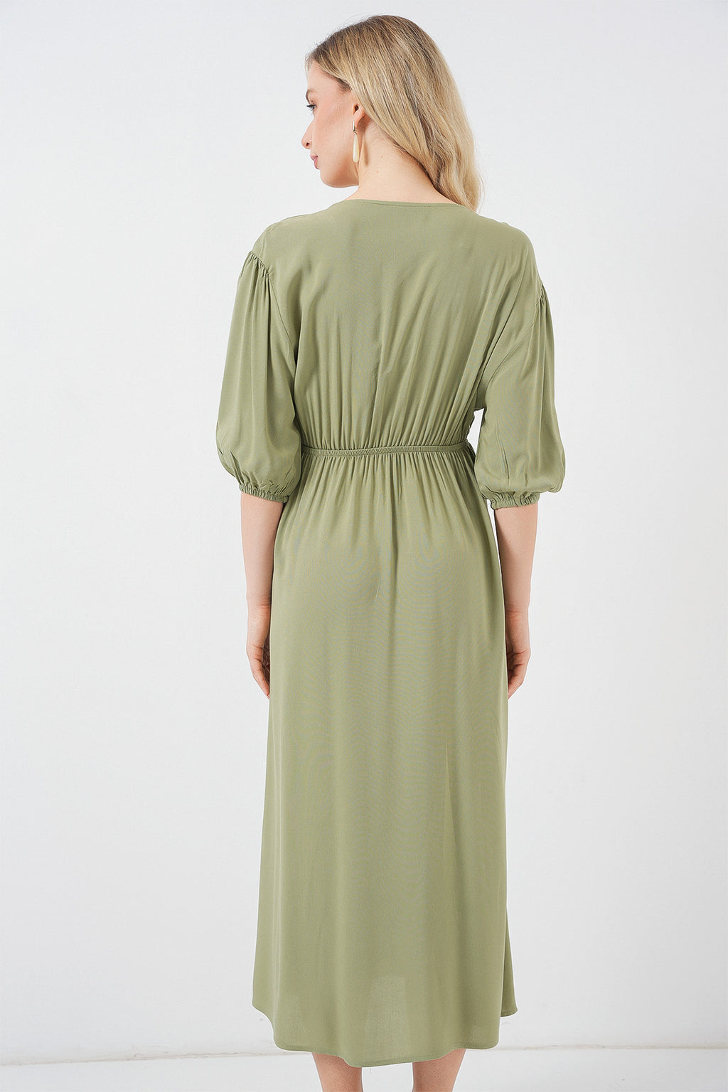 2570 Kadın Beli Büzgülü V Yaka Elbise - Çağla