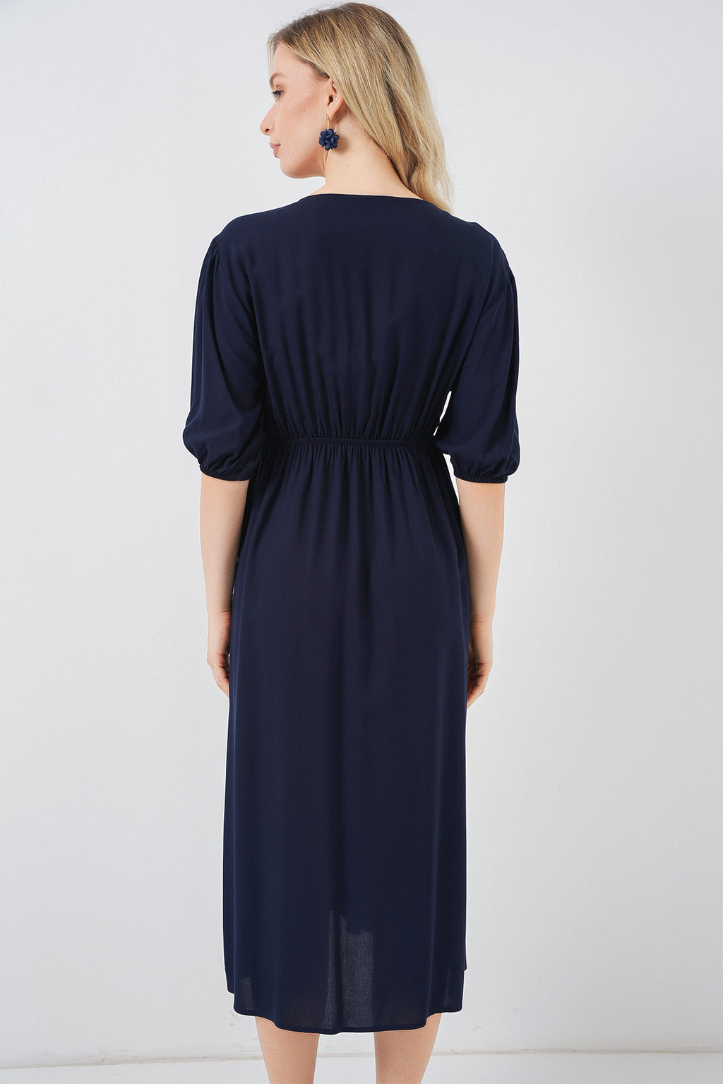 2570 Kadın Beli Büzgülü V Yaka Elbise - Lacivert