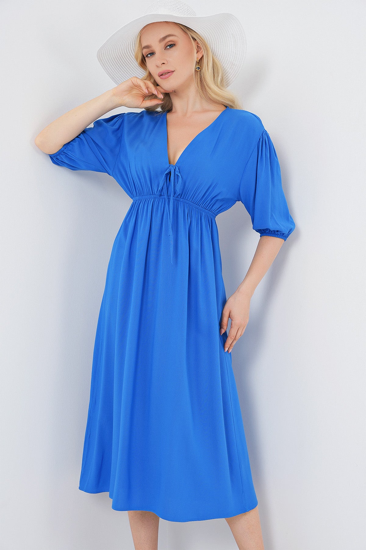 2570 Kadın Beli Büzgülü V Yaka Elbise - Saks