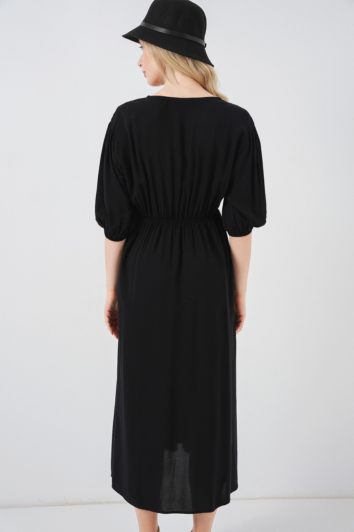 2570 Kadın Beli Büzgülü V Yaka Elbise - Siyah