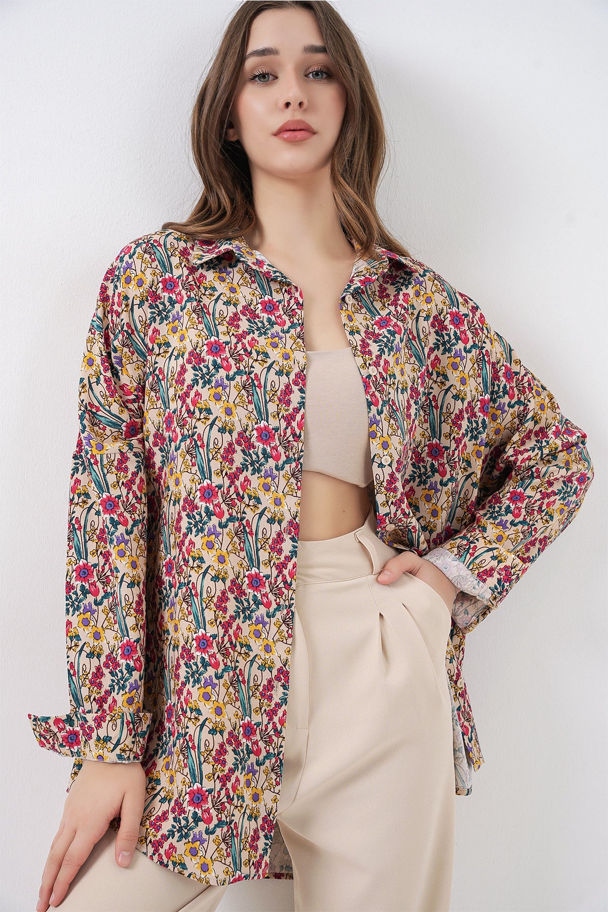 3721 Grafik Desenli Gömlek - Bej