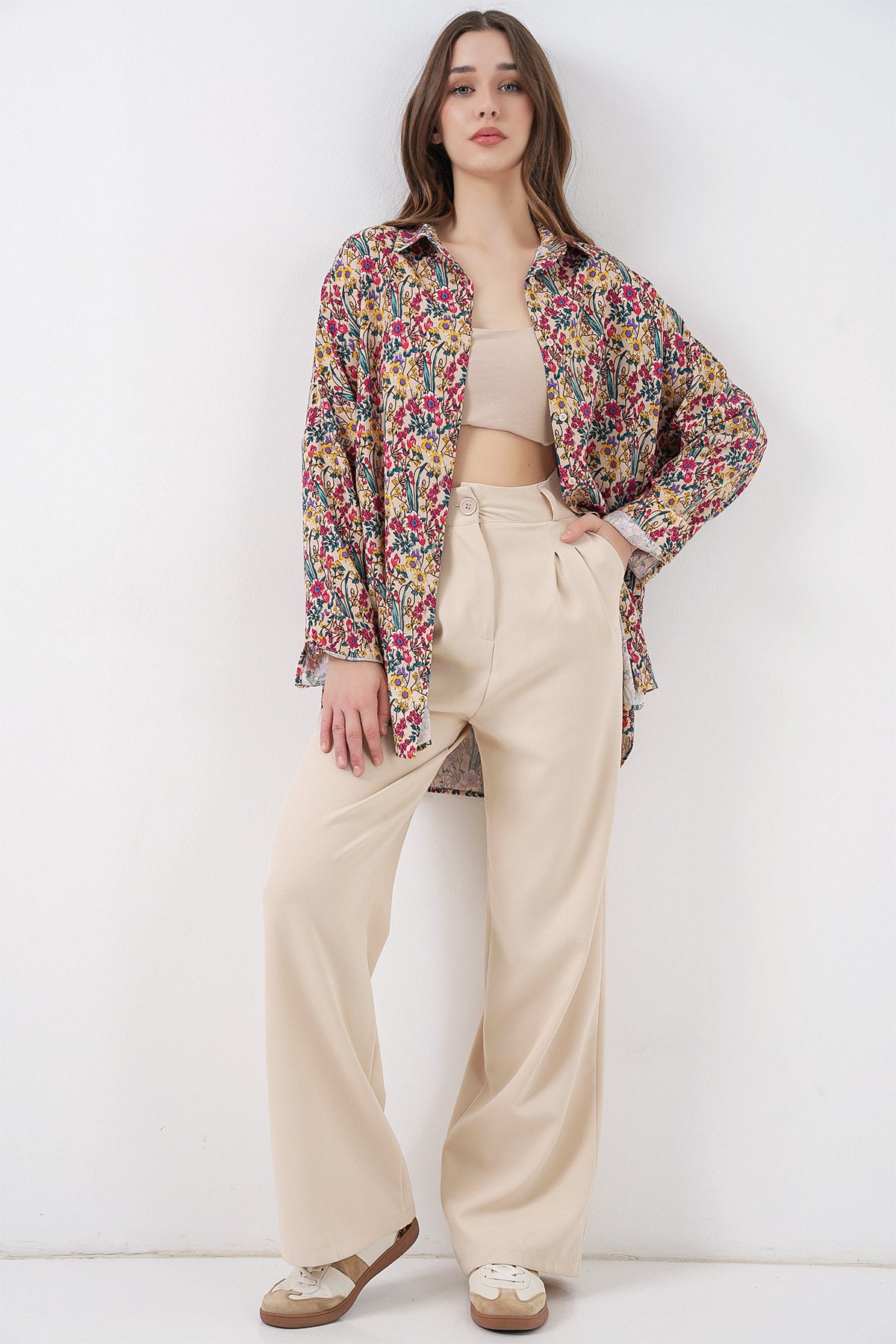 3721 Grafik Desenli Gömlek - Bej