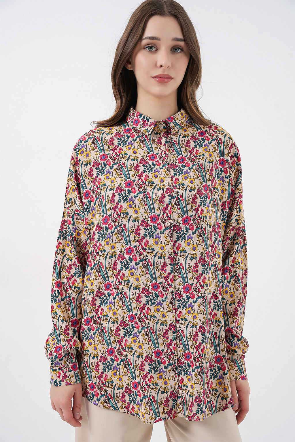 3721 Grafik Desenli Gömlek - Bej