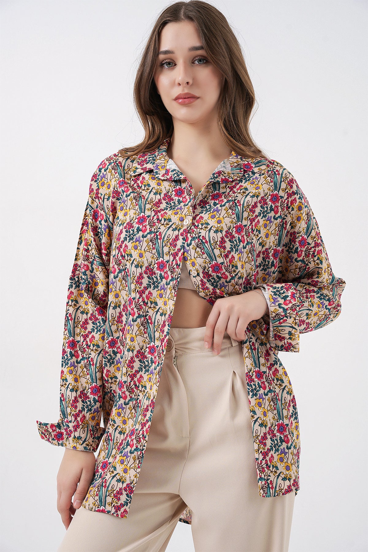 3721 Grafik Desenli Gömlek - Bej