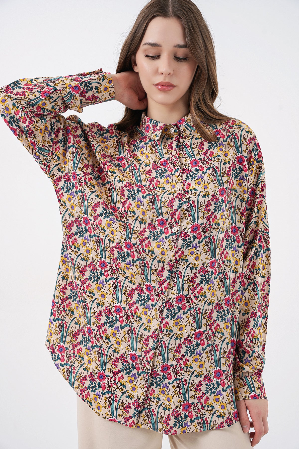 3721 Grafik Desenli Gömlek - Bej