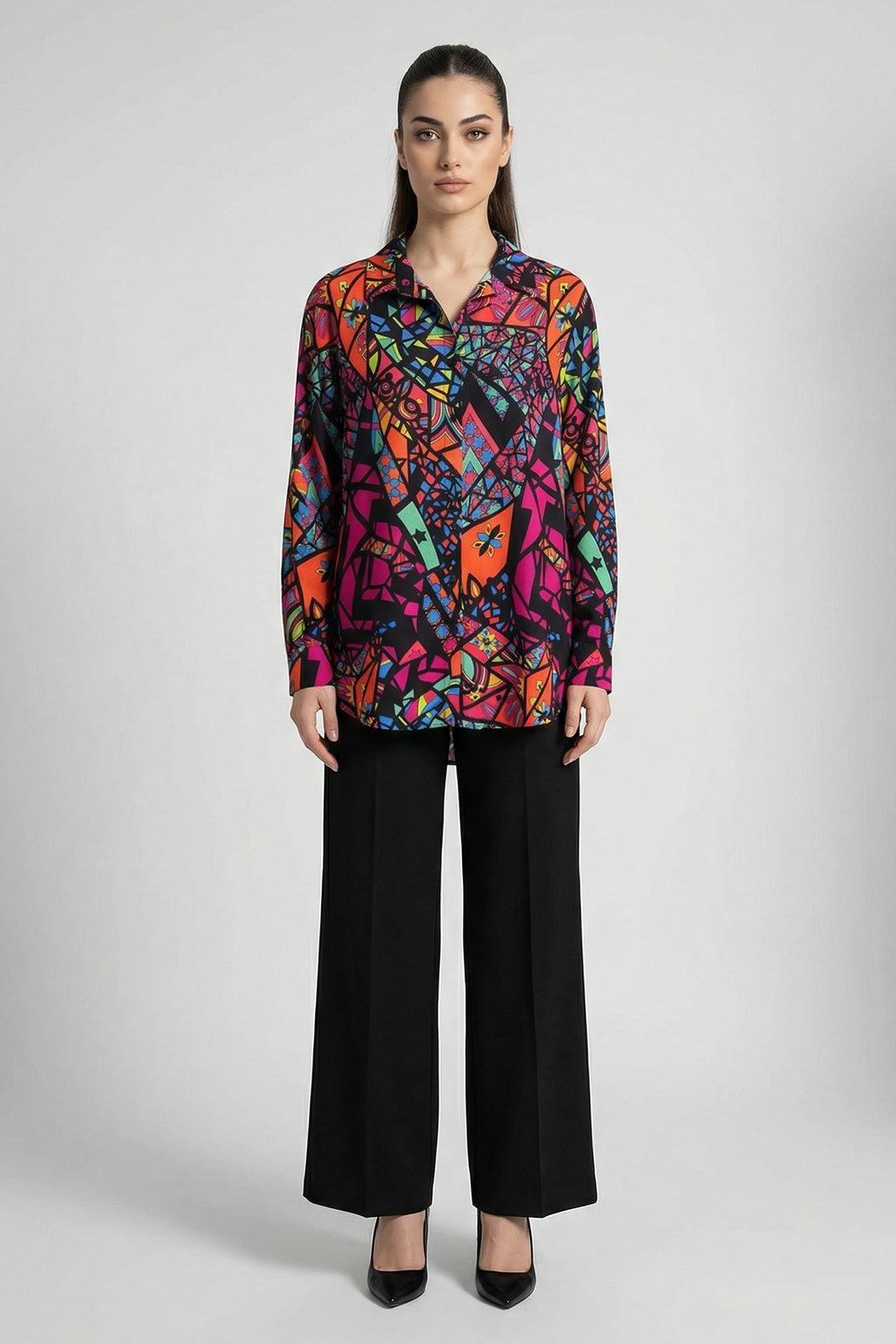 3721 Grafik Desenli Gömlek - Fuşya