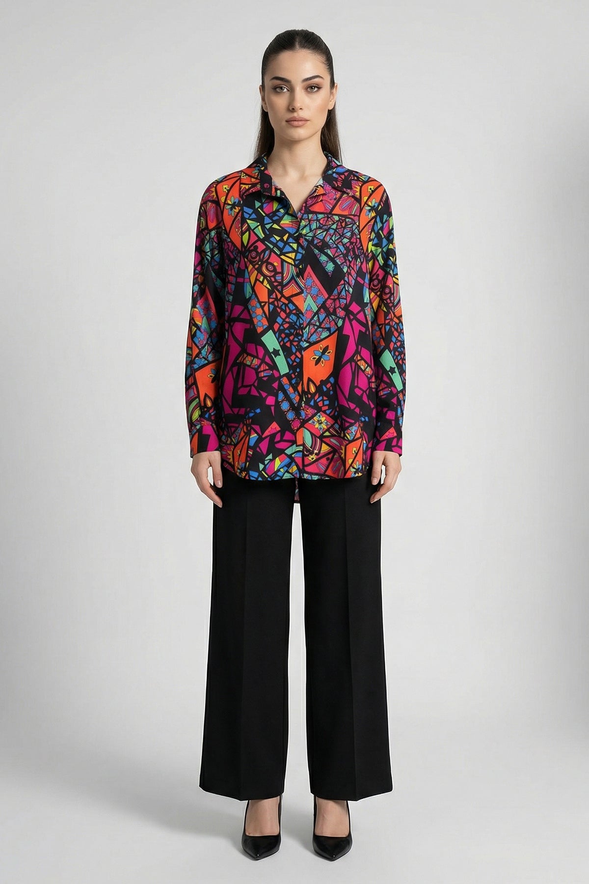 3721 Grafik Desenli Gömlek - Fuşya