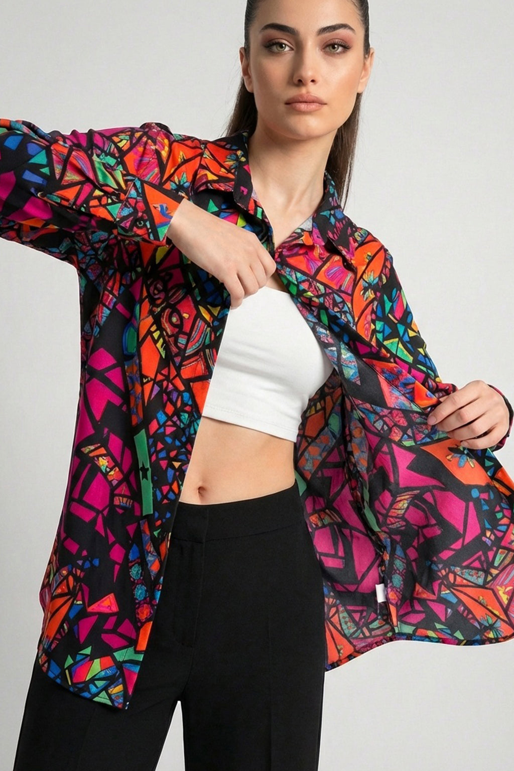 3721 Grafik Desenli Gömlek - Fuşya