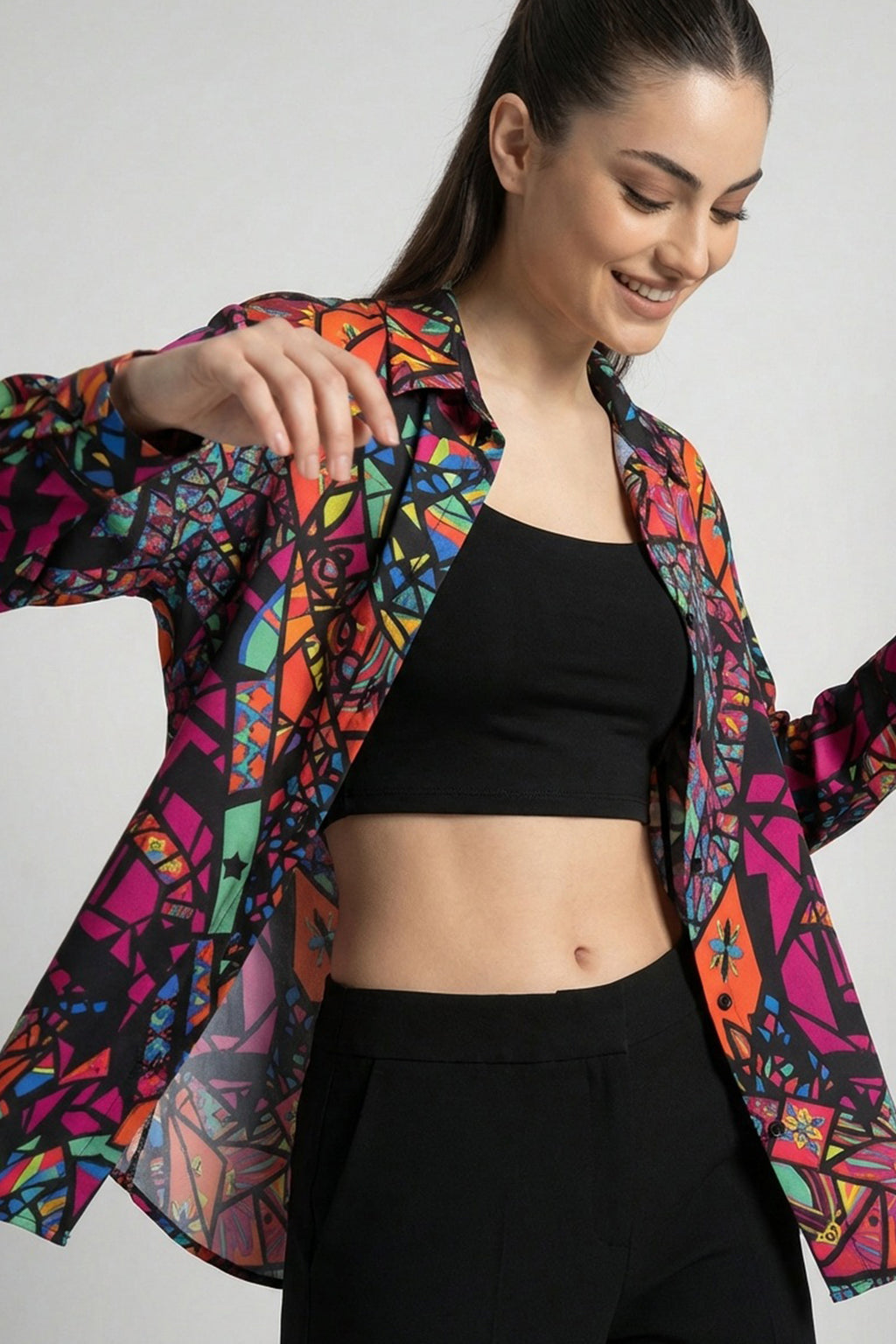 3721 Grafik Desenli Gömlek - Fuşya