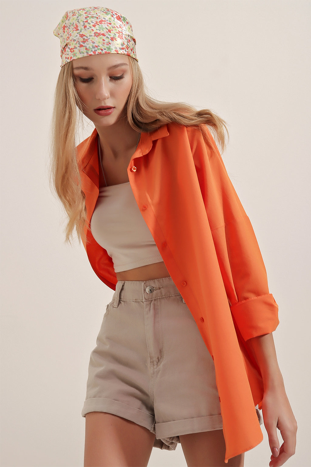 3900 Oversize Uzun Basic Gömlek - Turuncu