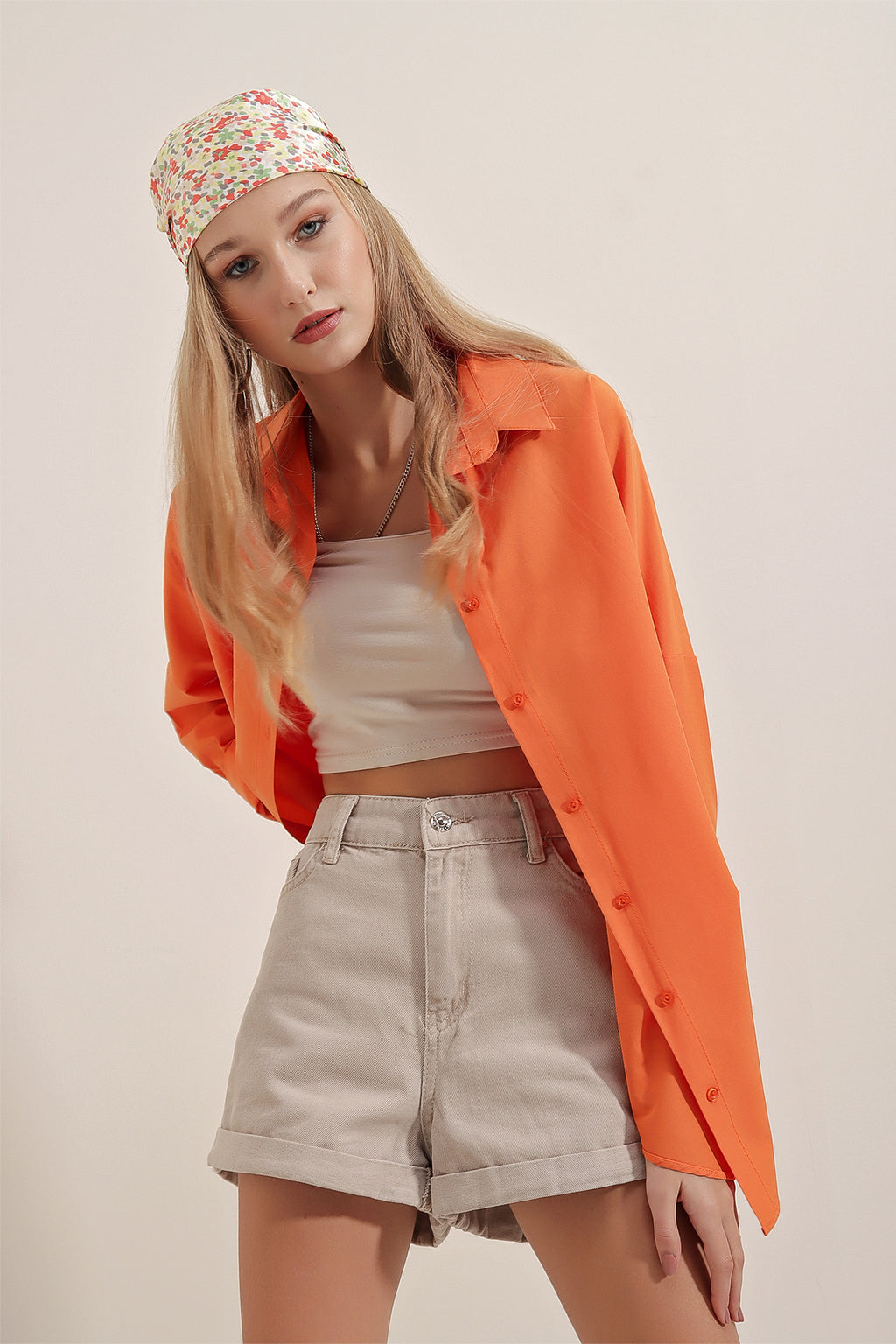 3900 Oversize Uzun Basic Gömlek - Turuncu