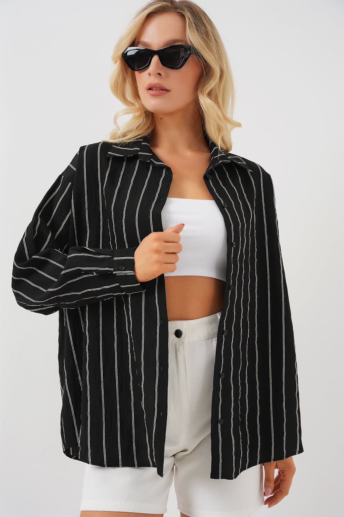 3900 Oversize Uzun Basic Gömlek - C. Siyah