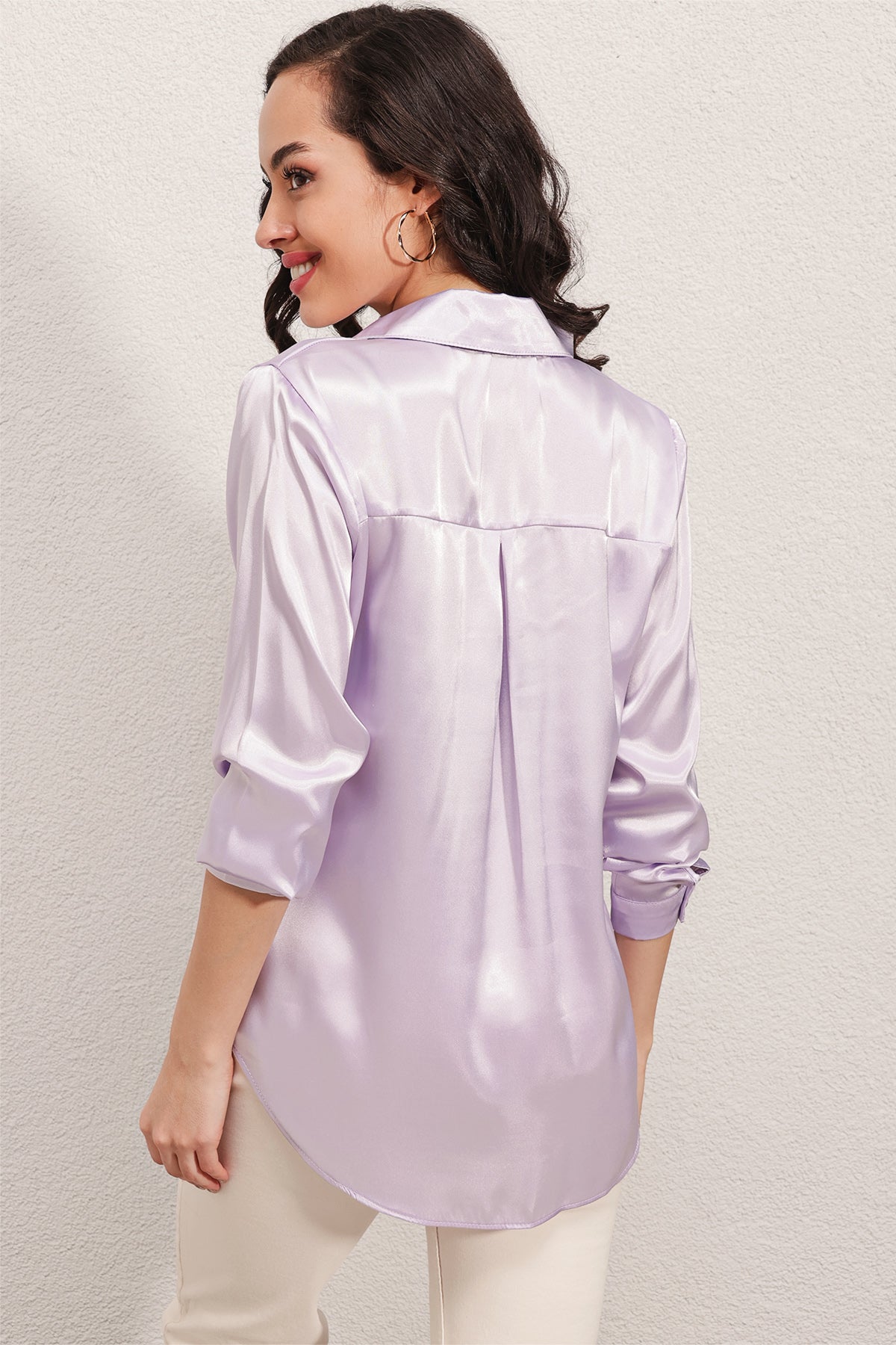 3964 Hafif Dökümlü Saten Gömlek - B.Lila