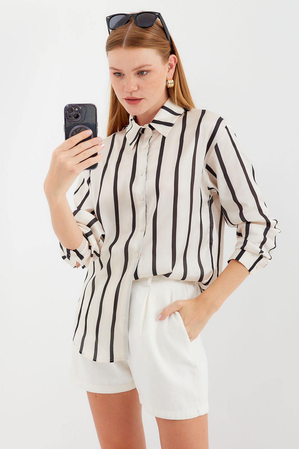 3964 Çizgili Hafif Dökümlü Saten Gömlek - F. Siyah