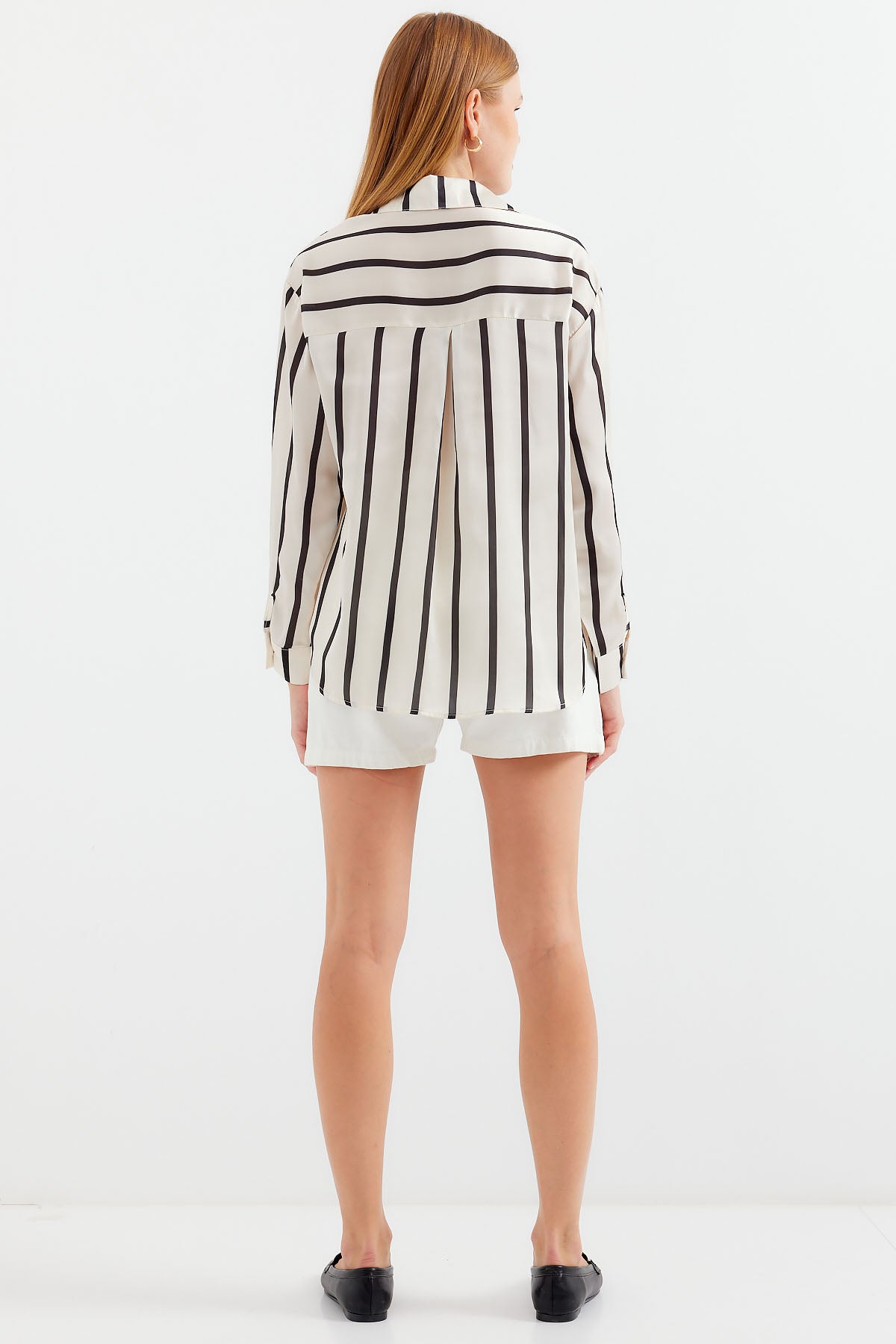 3964 Çizgili Hafif Dökümlü Saten Gömlek - F. Siyah