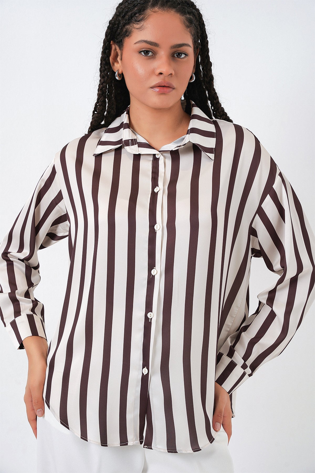 3964 Hafif Dökümlü Saten Gömlek - M. Kahverengi