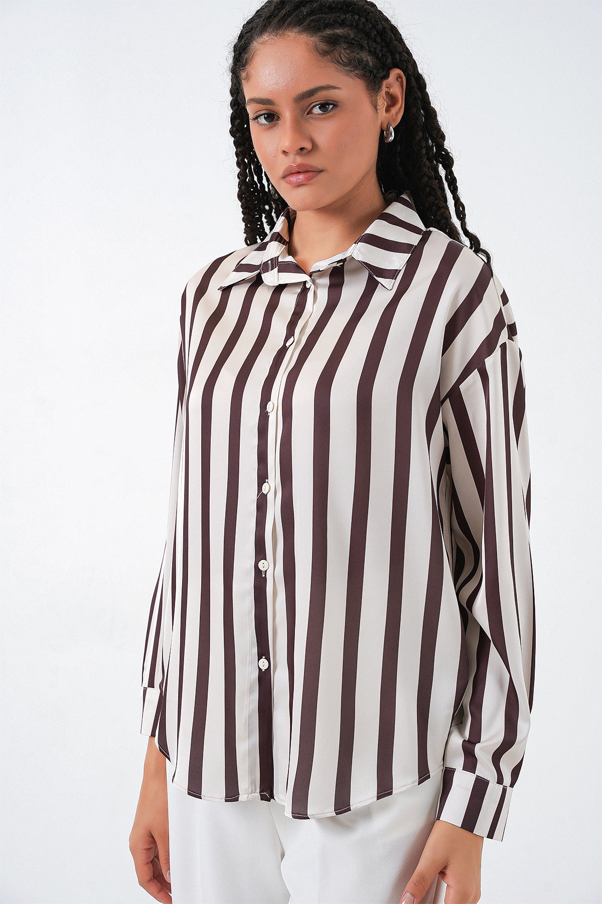 3964 Hafif Dökümlü Saten Gömlek - M. Kahverengi