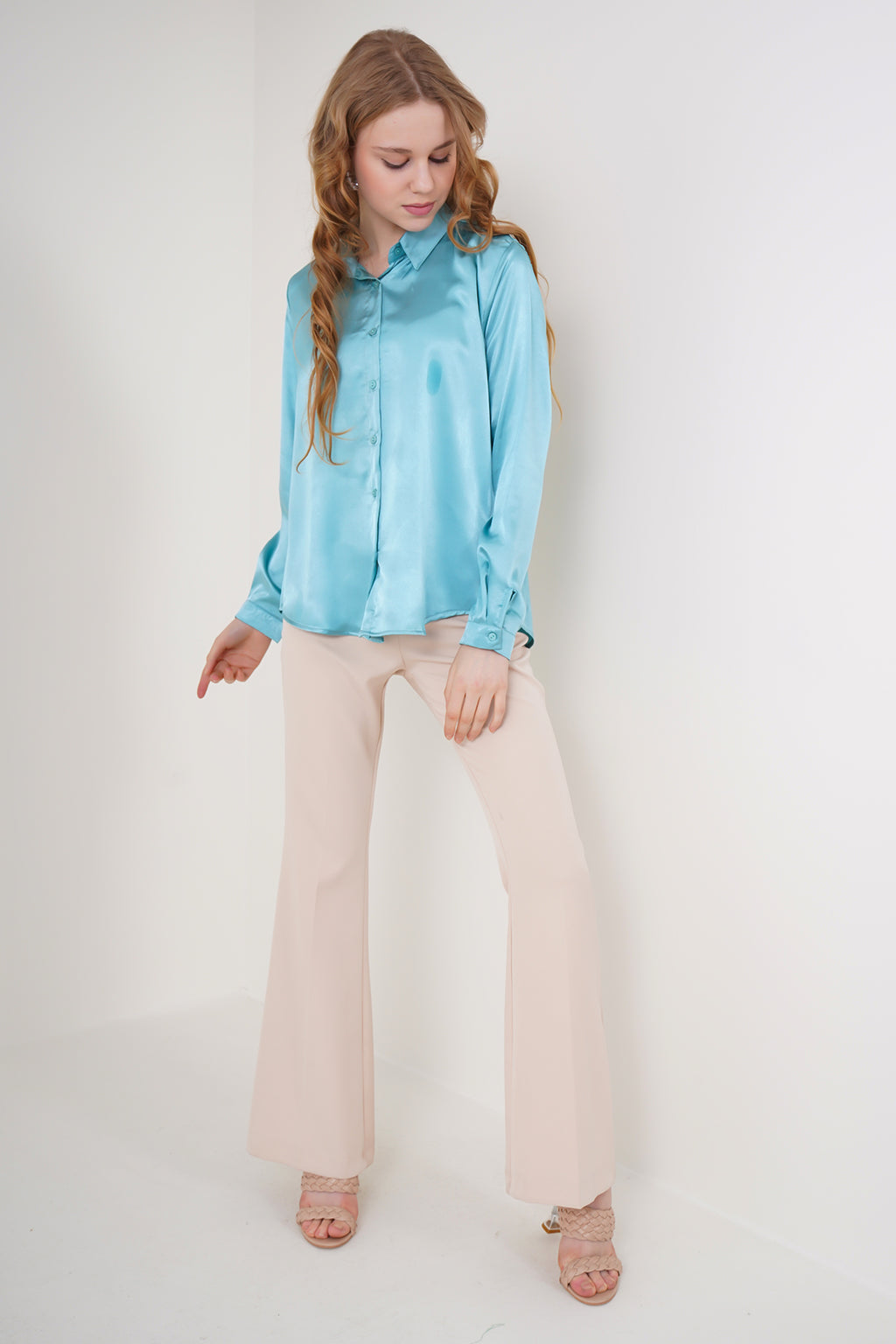 3964 Hafif Dökümlü Saten Gömlek - Mint