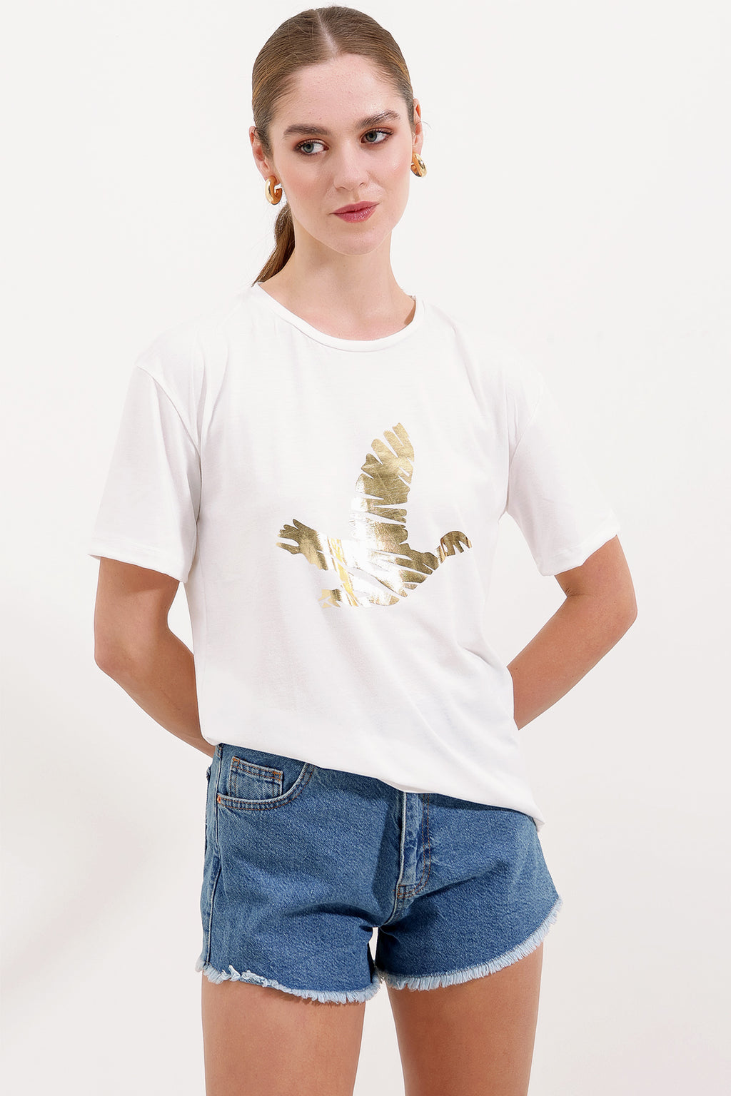 4317 Bisiklet Yaka Baskılı Tişört - Altın Sarısı