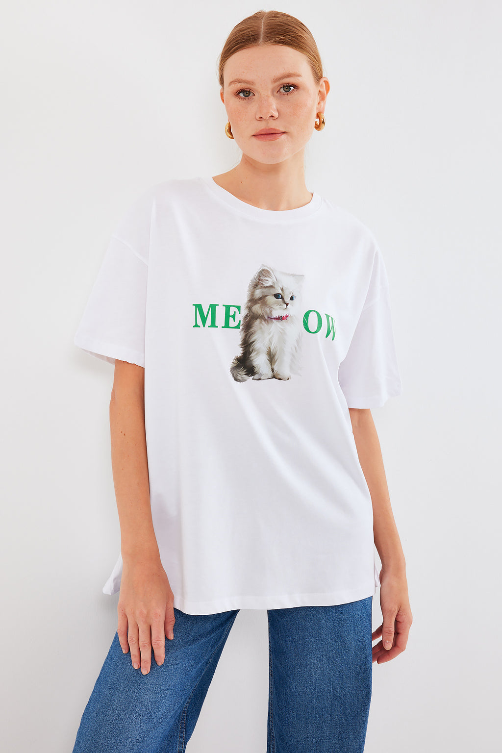 4319 Baskılı Oversize Tişört - Beyaz