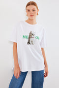 4319 Baskılı Oversize Tişört - Beyaz