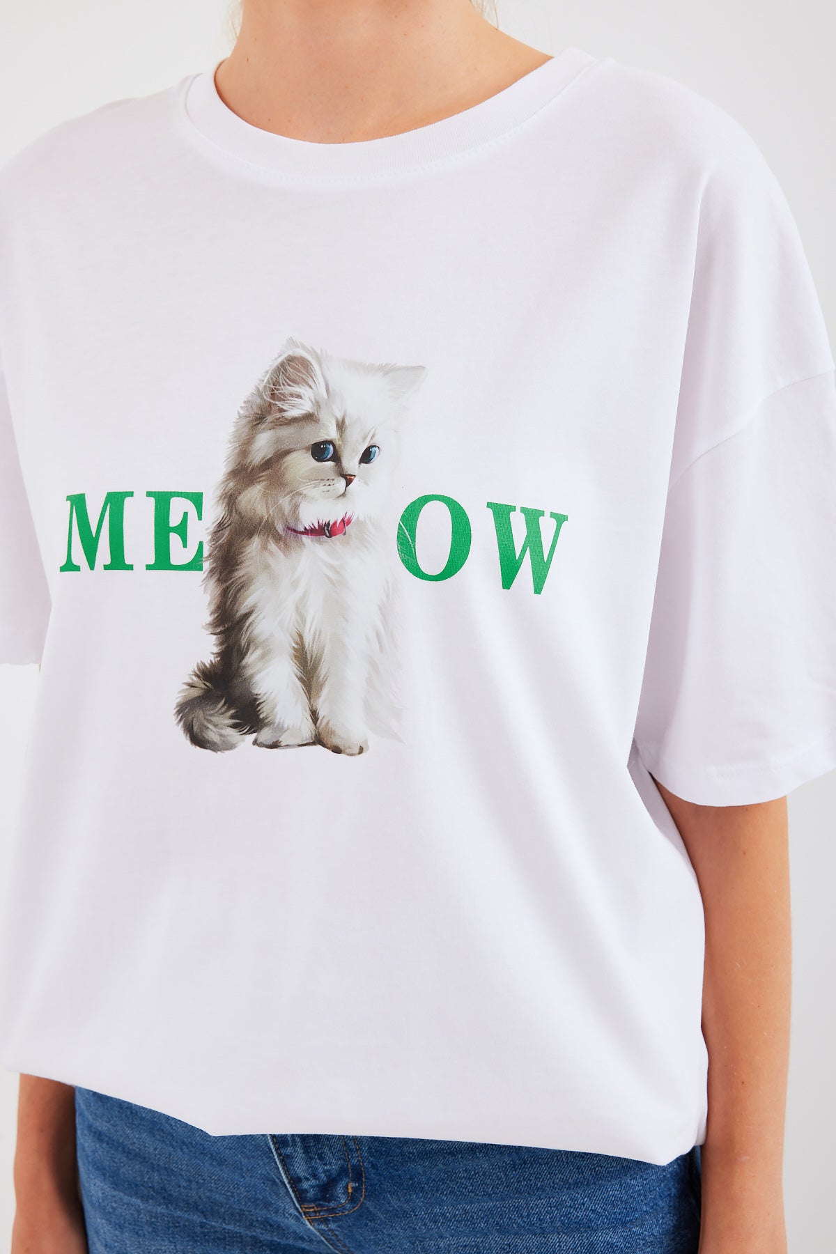 4319 Baskılı Oversize Tişört - Beyaz