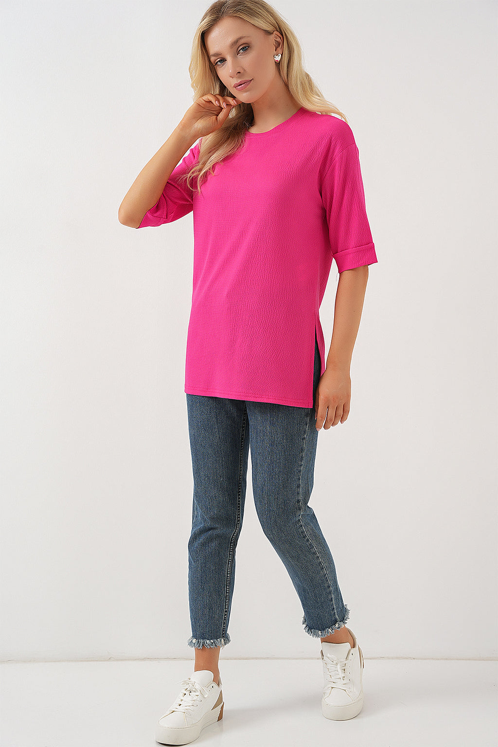 4332 Yanı Yırtmaçlı Örme Tişört - Fuşya
