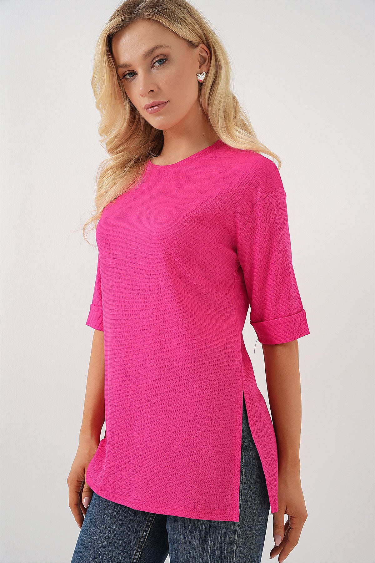 4332 Yanı Yırtmaçlı Örme Tişört - Fuşya