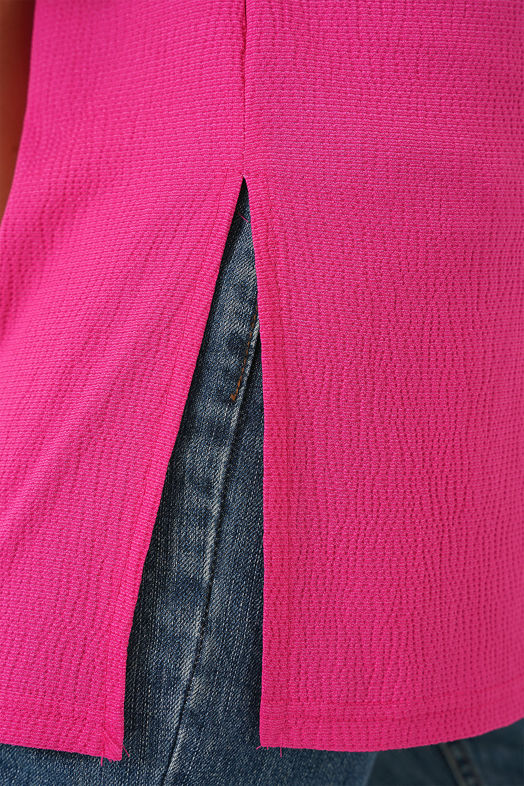 4332 Yanı Yırtmaçlı Örme Tişört - Fuşya
