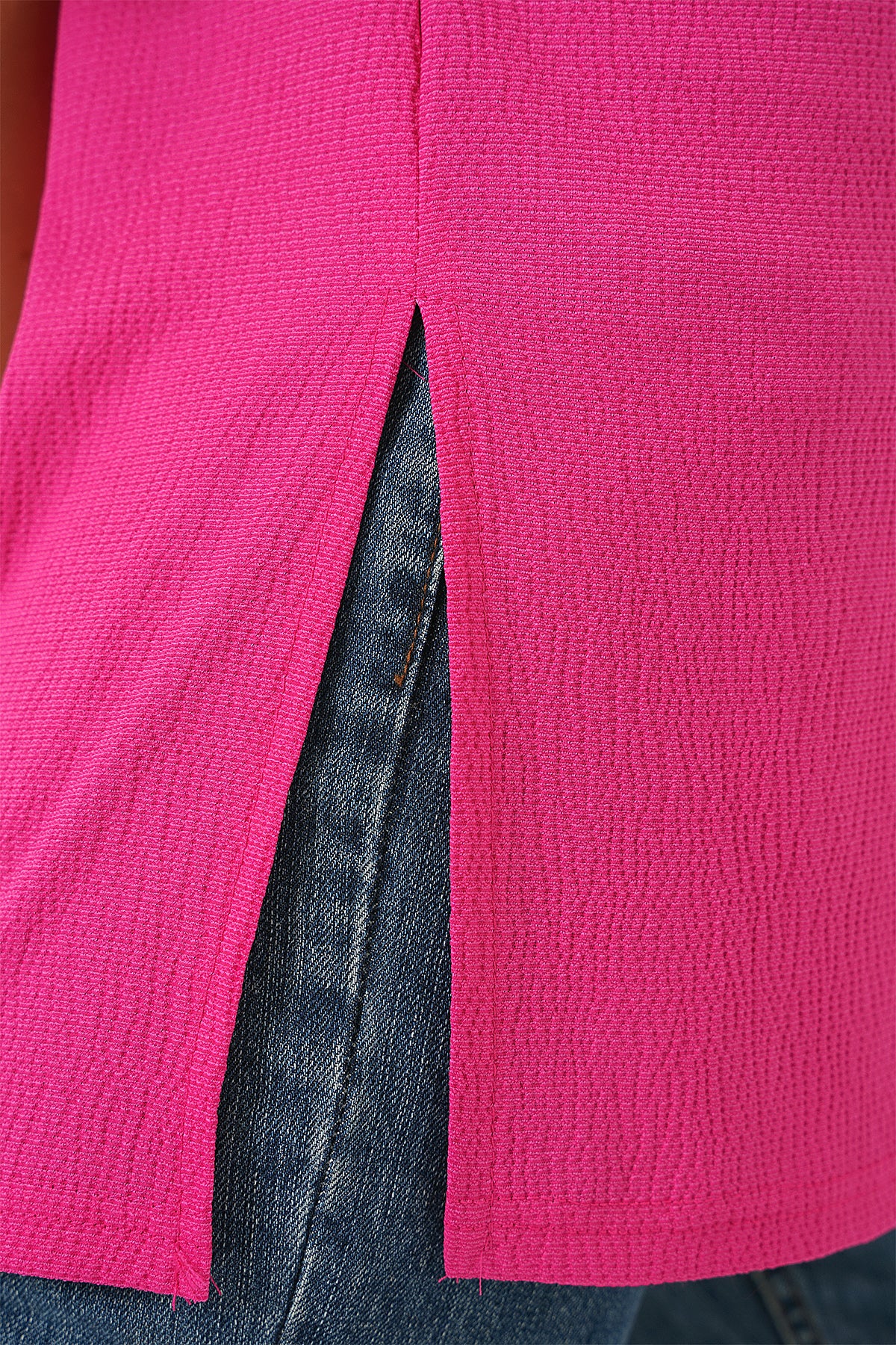 4332 Yanı Yırtmaçlı Örme Tişört - Fuşya
