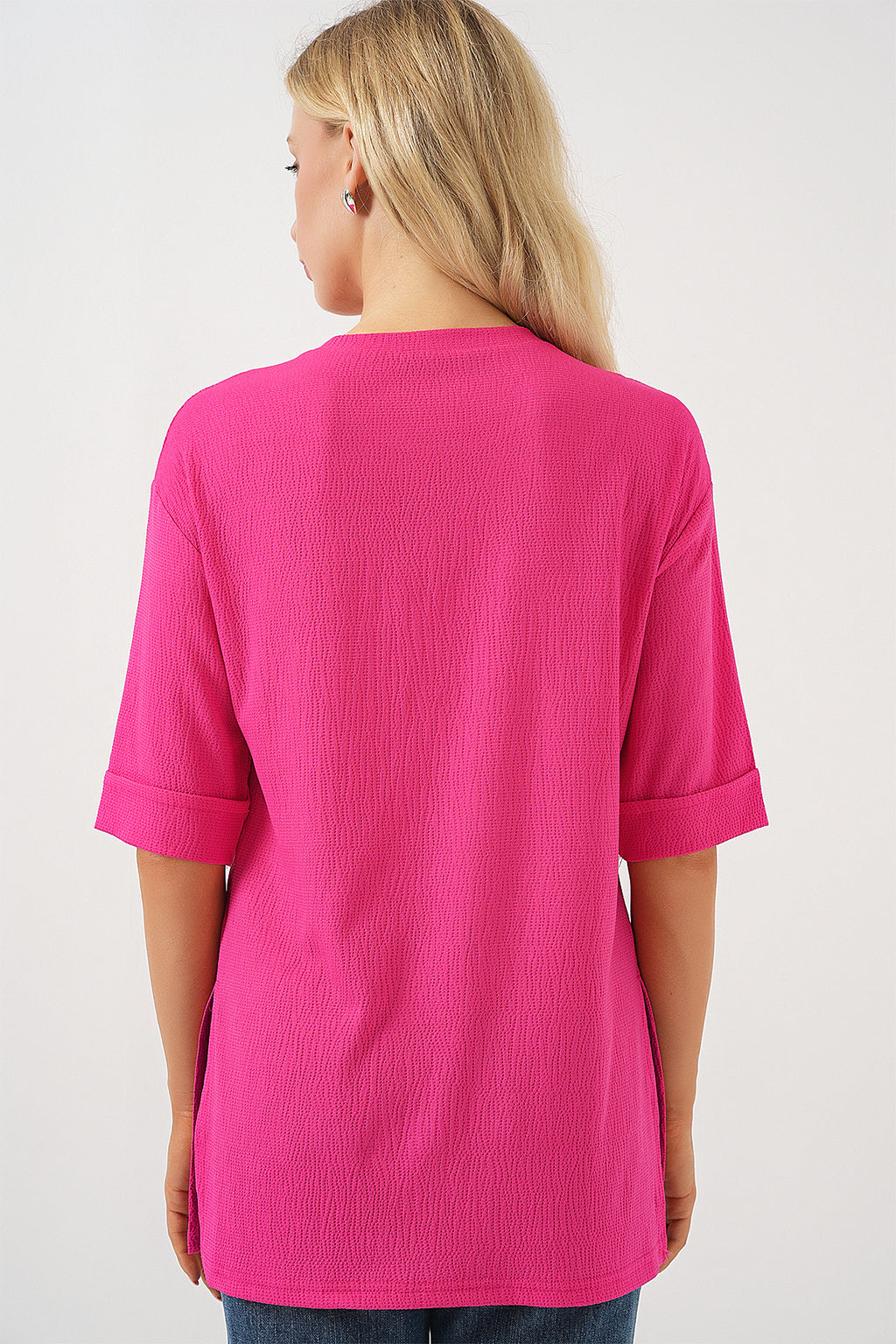 4332 Yanı Yırtmaçlı Örme Tişört - Fuşya