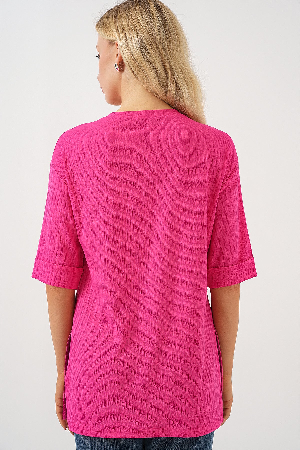 4332 Yanı Yırtmaçlı Örme Tişört - Fuşya