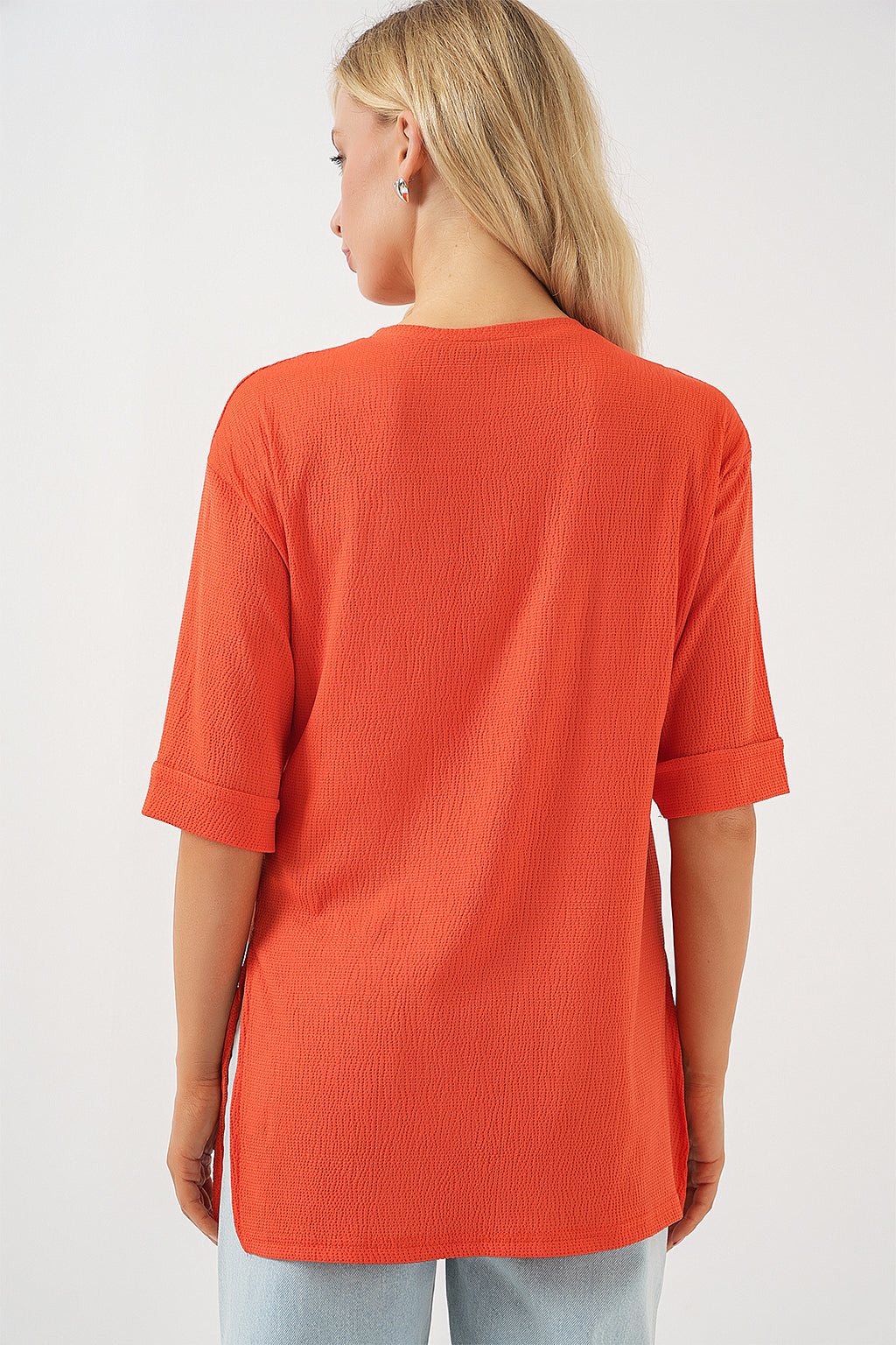 4332 Yanı Yırtmaçlı Örme Tişört - Turuncu