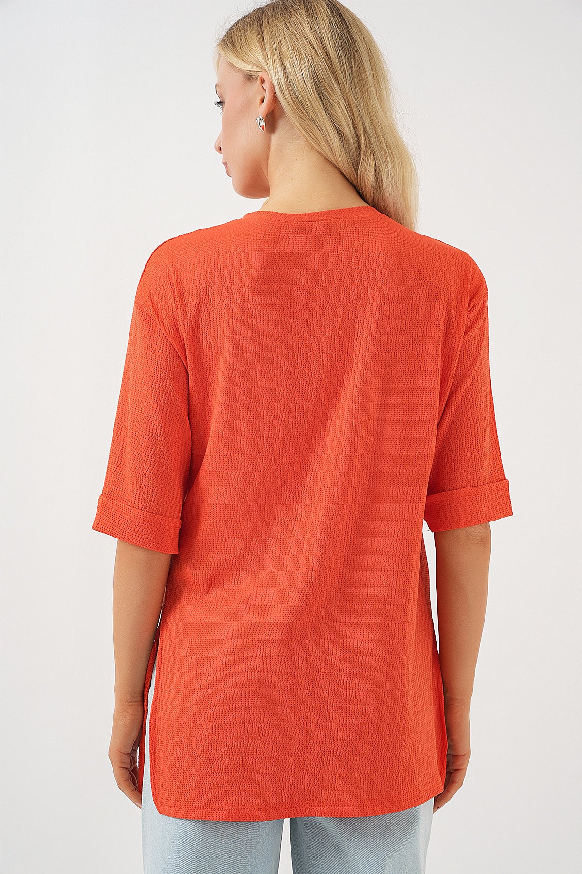 4332 Yanı Yırtmaçlı Örme Tişört - Turuncu