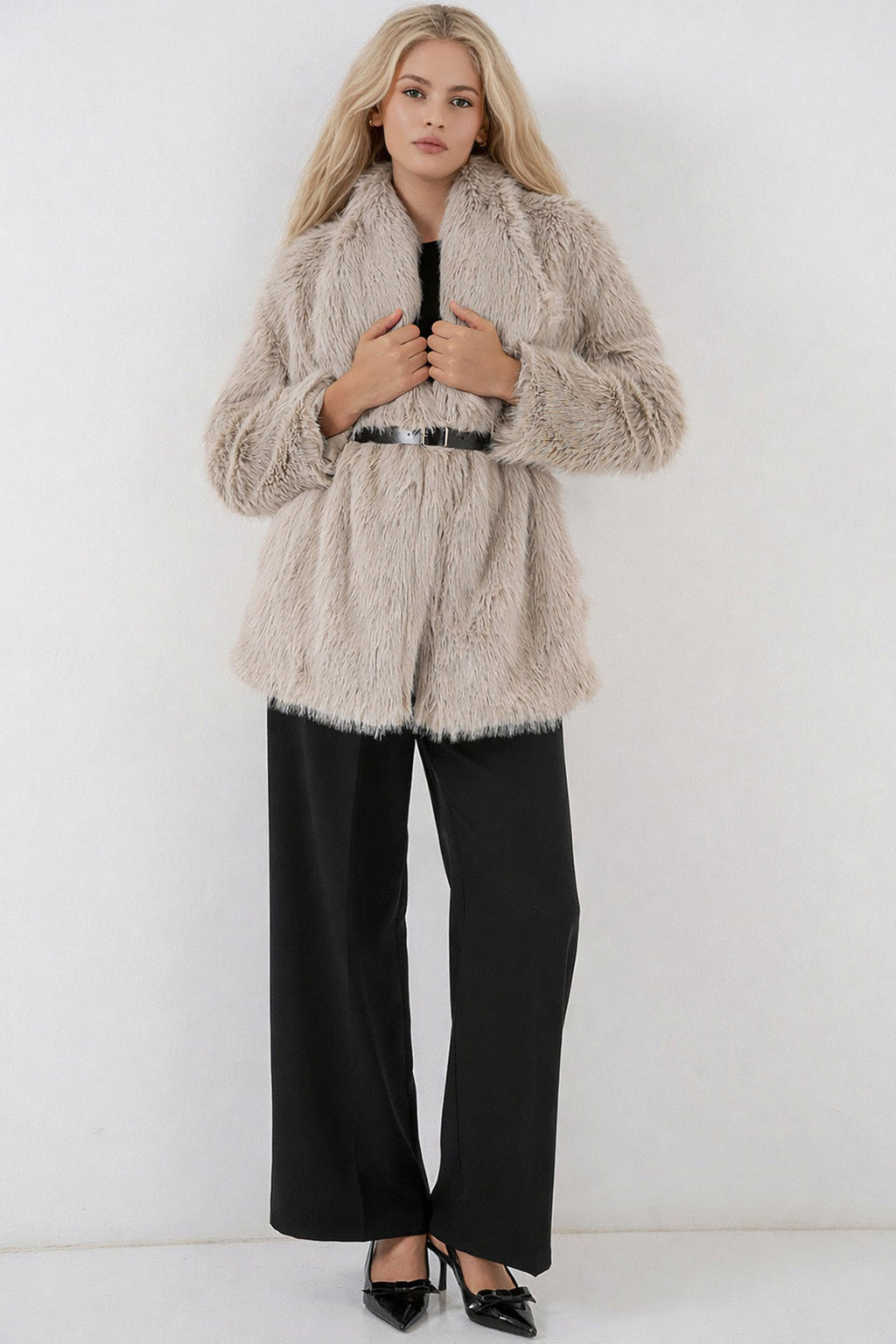 5186 Kruvaze Peluş Kürk Kaban - Krem