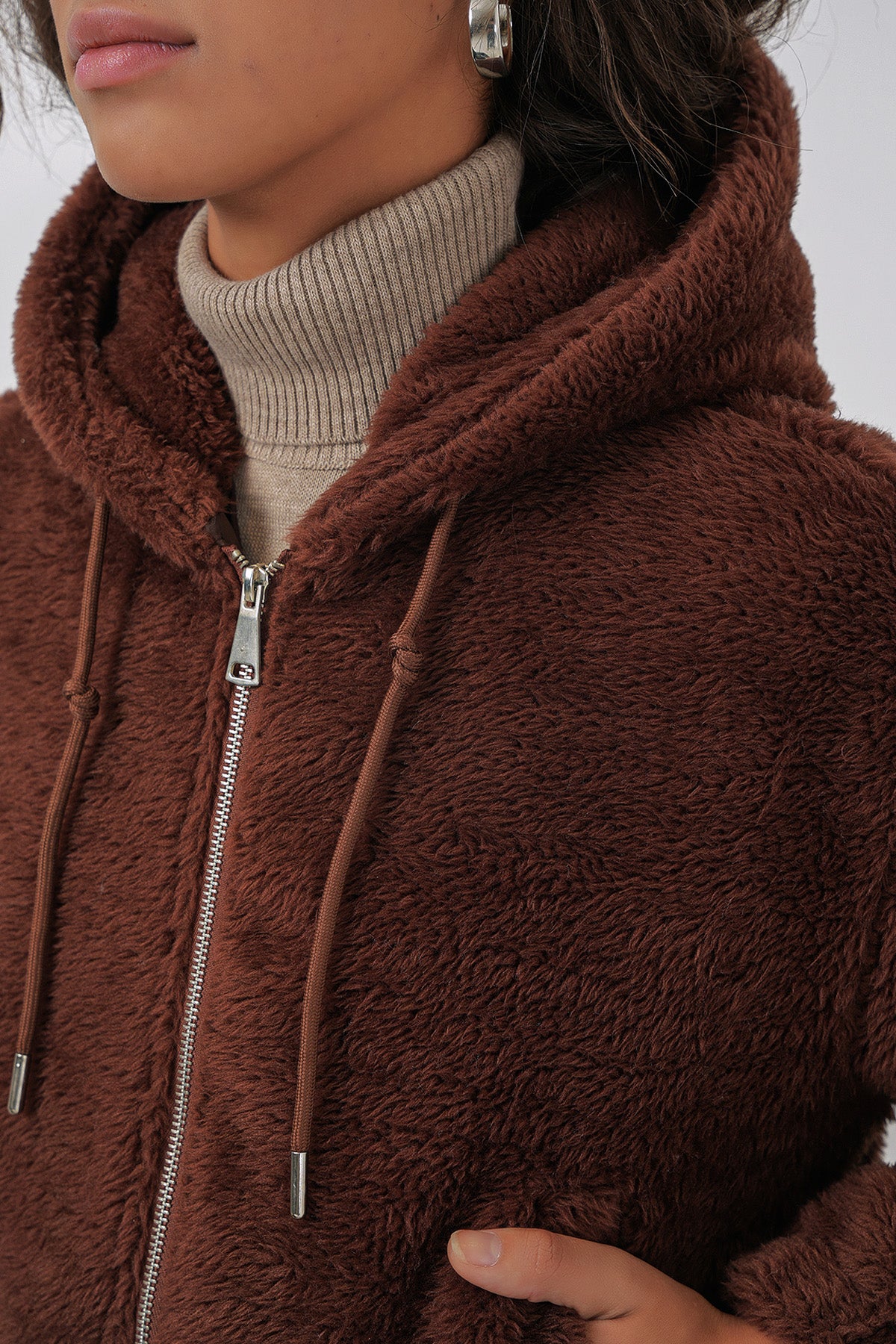 5193 Kapüşonlu Peluş Crop Ceket - Kahverengi