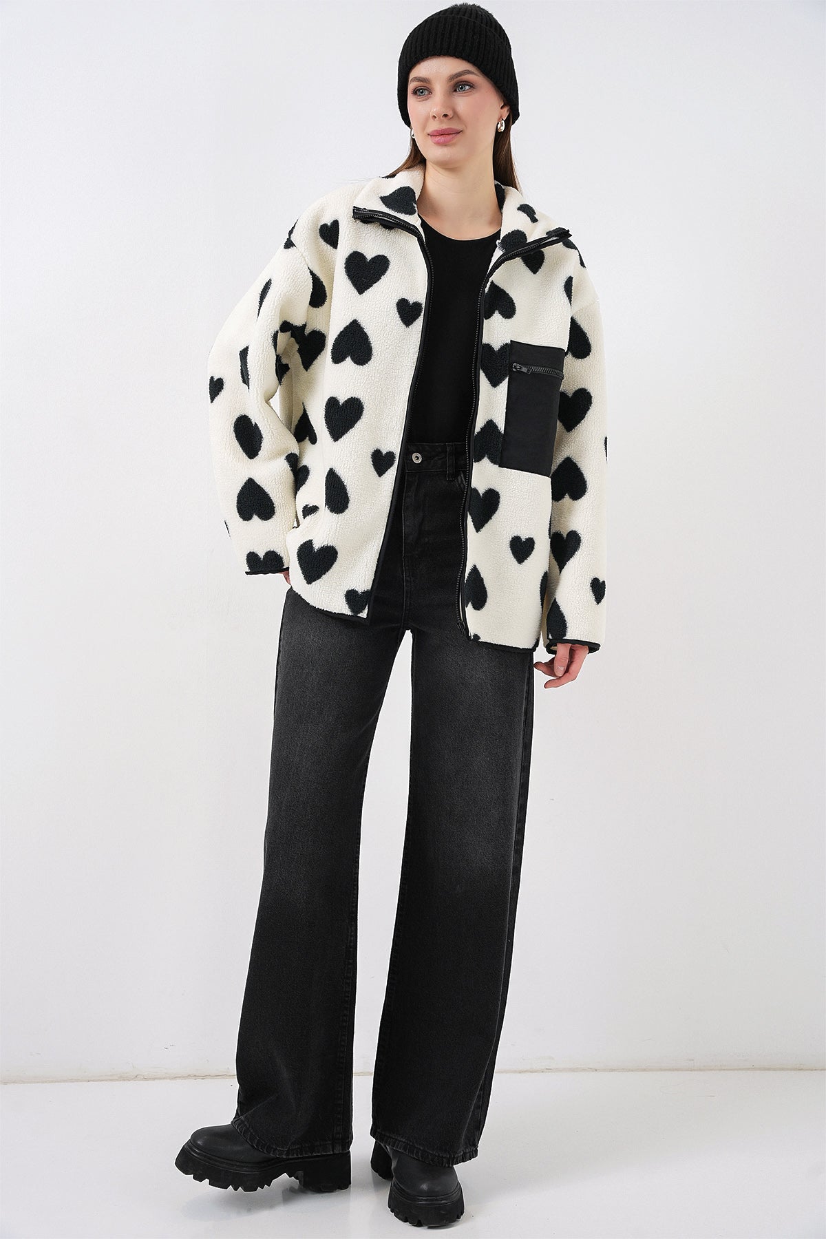 55446 Fermuarlı Oversize Peluş Ceket Mont - A.Beyaz