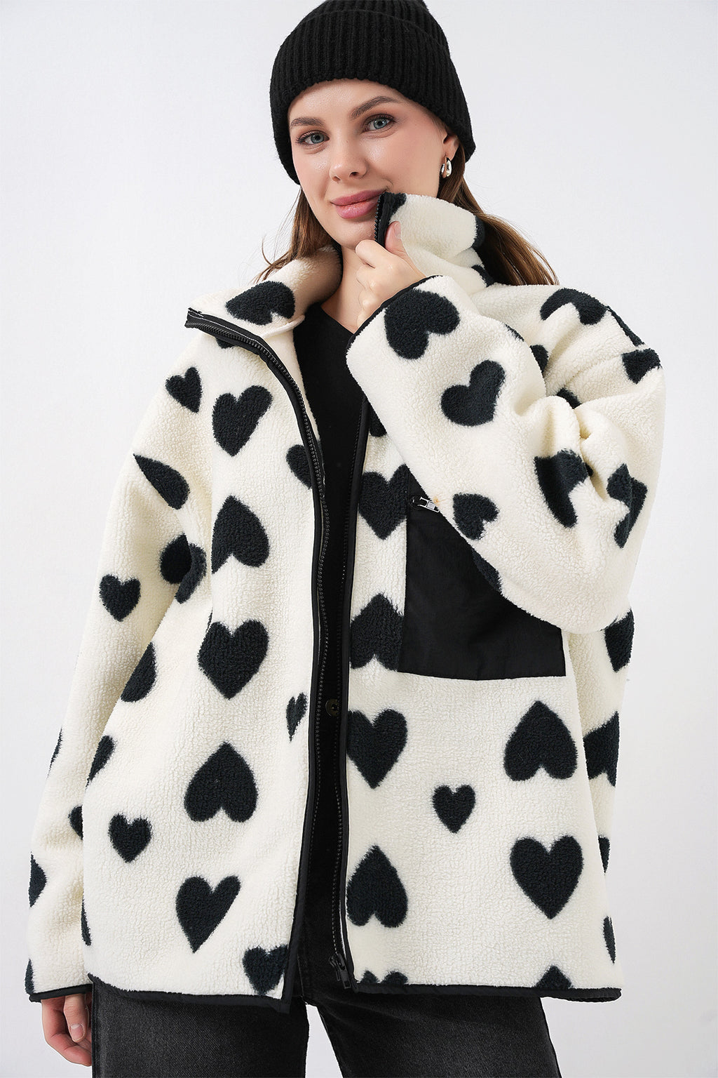 55446 Fermuarlı Oversize Peluş Ceket Mont - A.Beyaz