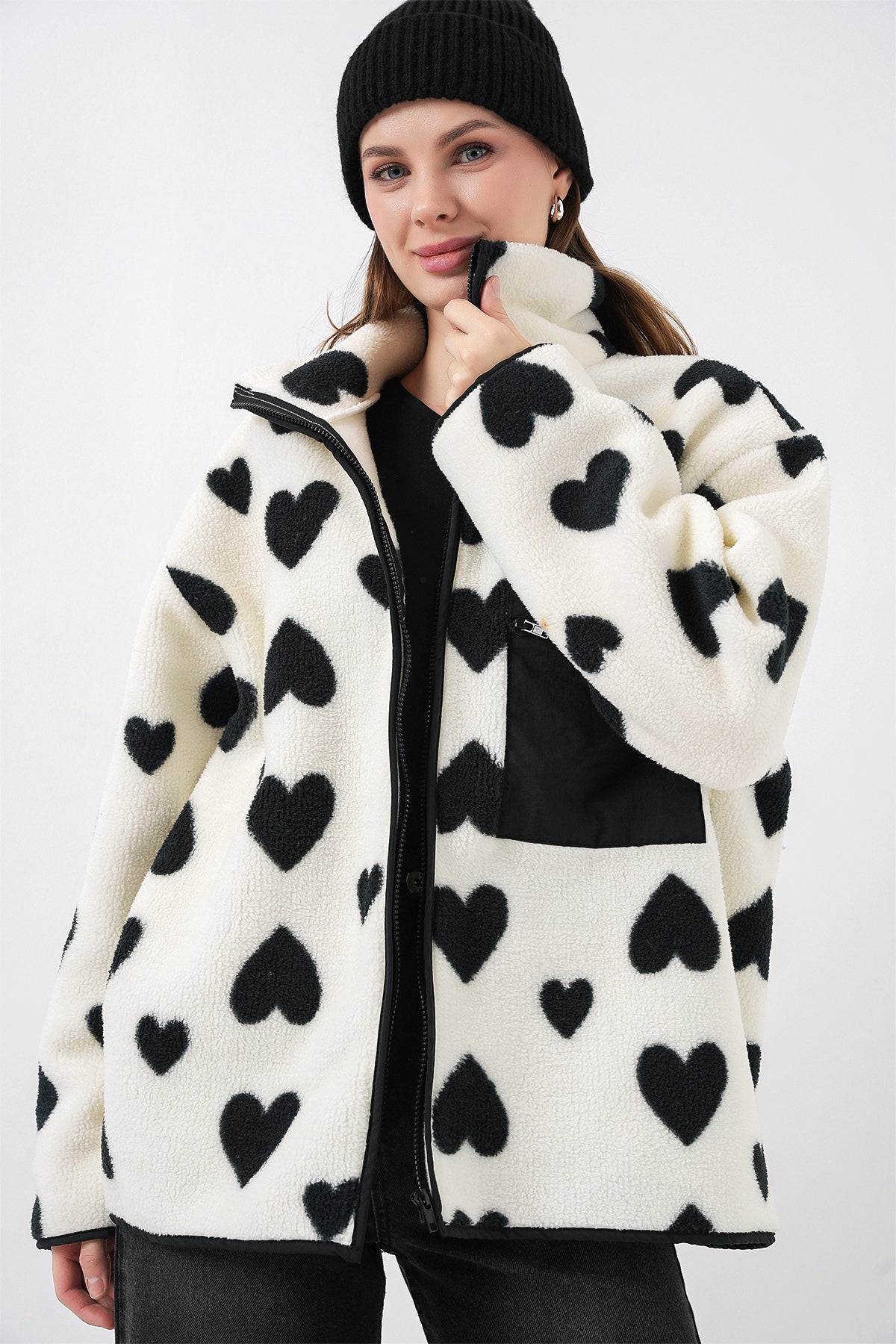 55446 Fermuarlı Oversize Peluş Ceket Mont - A.Beyaz