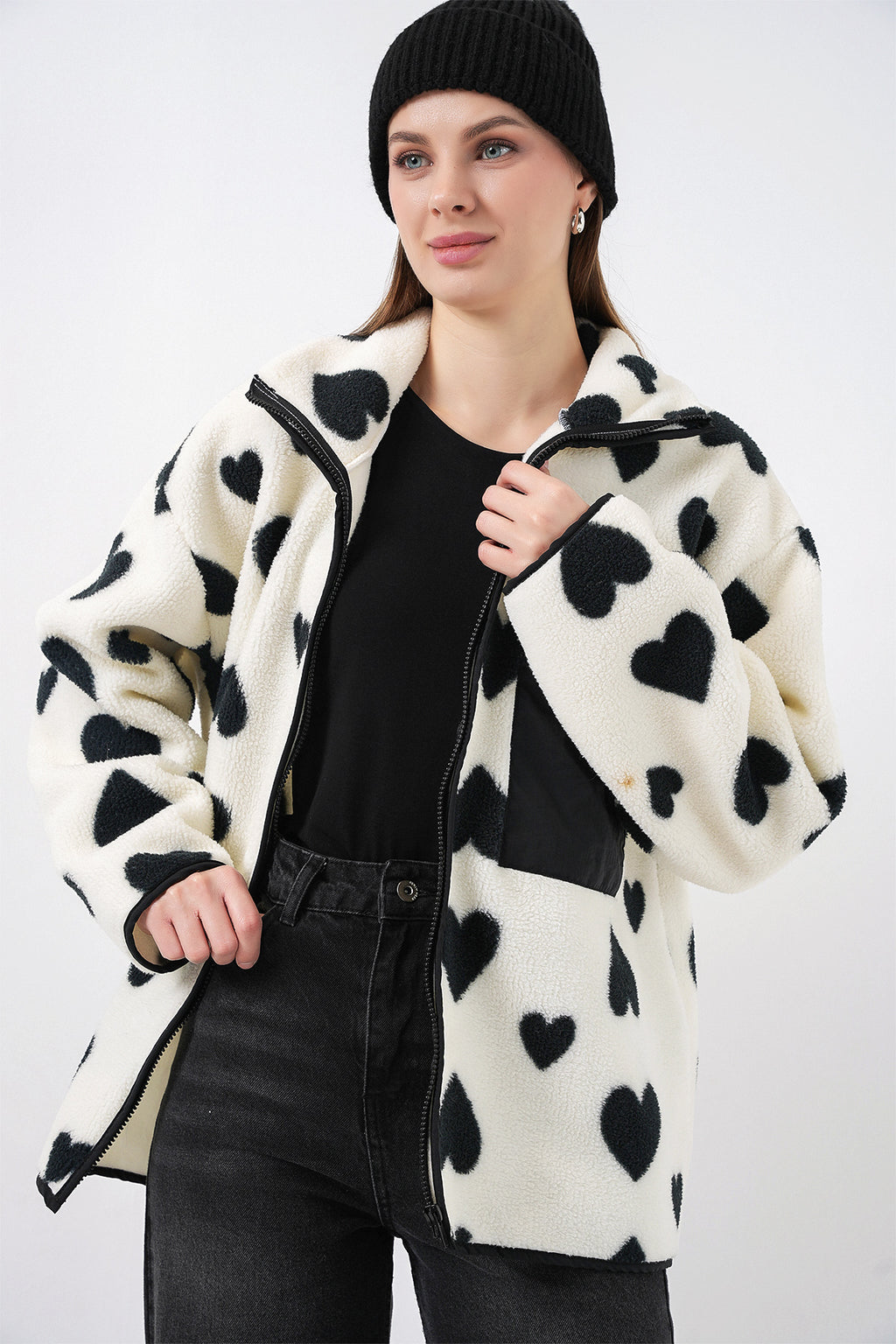 55446 Fermuarlı Oversize Peluş Ceket Mont - A.Beyaz