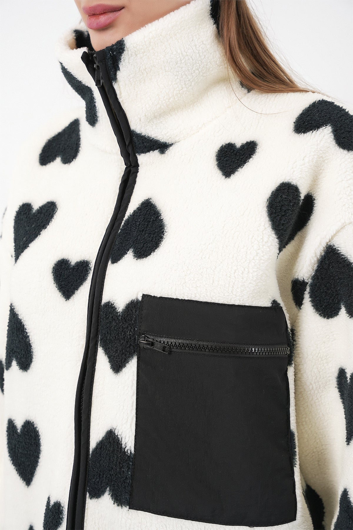 55446 Fermuarlı Oversize Peluş Ceket Mont - A.Beyaz