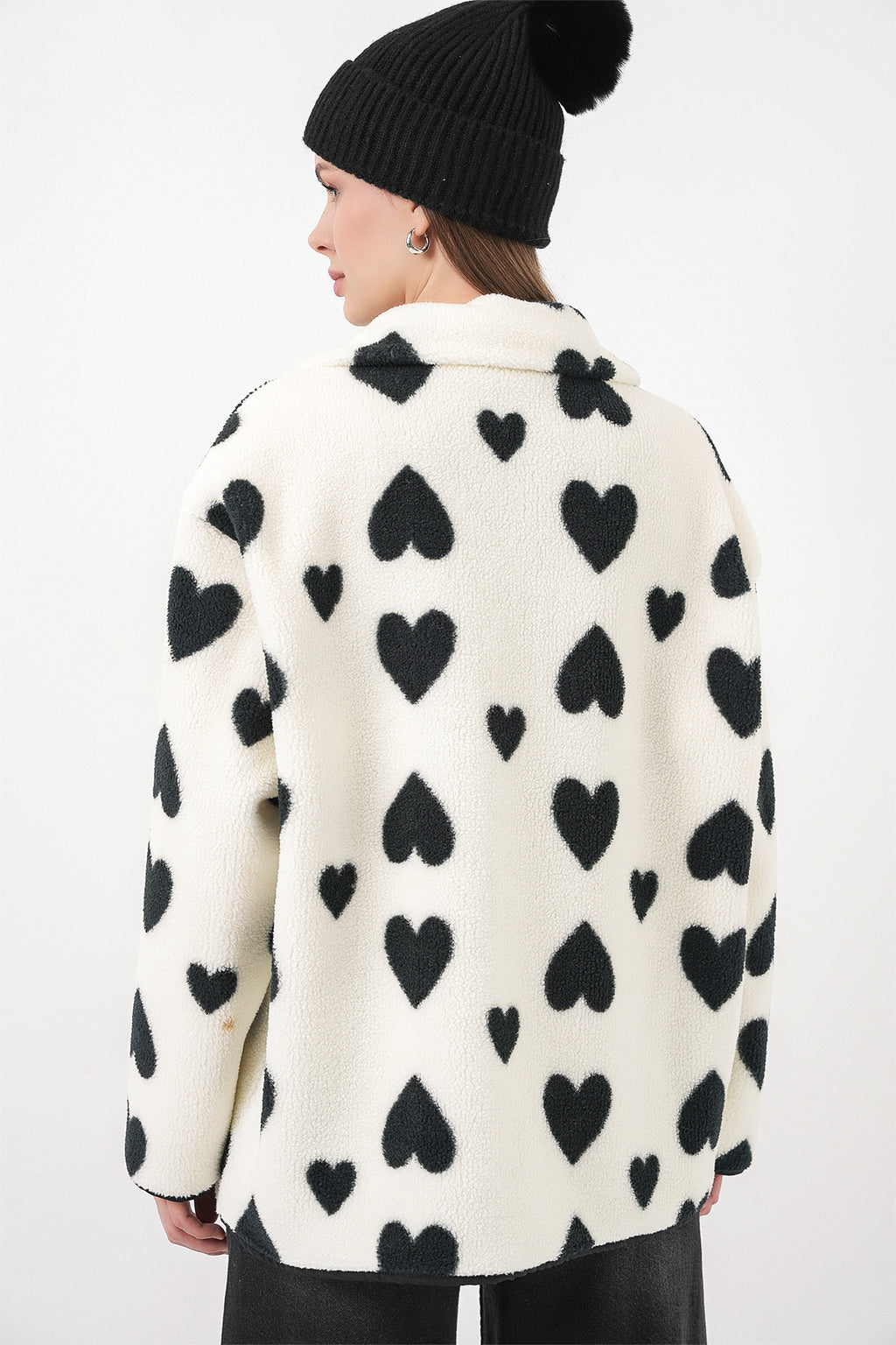 55446 Fermuarlı Oversize Peluş Ceket Mont - A.Beyaz