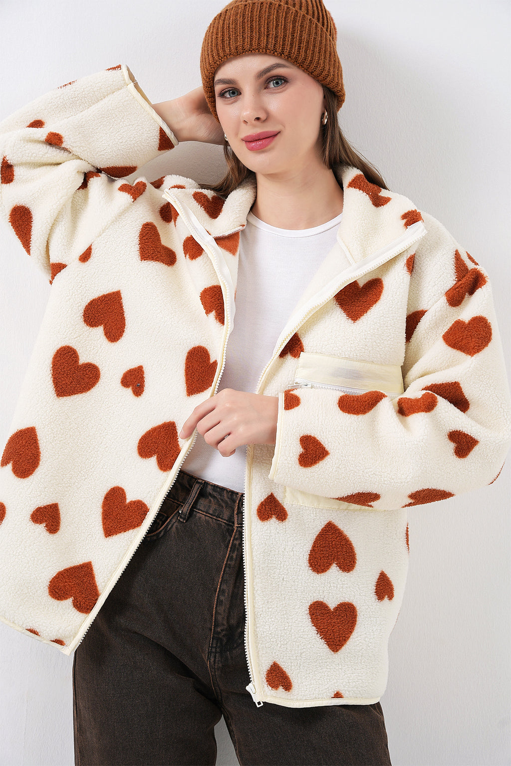 55446 Fermuarlı Oversize Peluş Ceket Mont - K. Taba