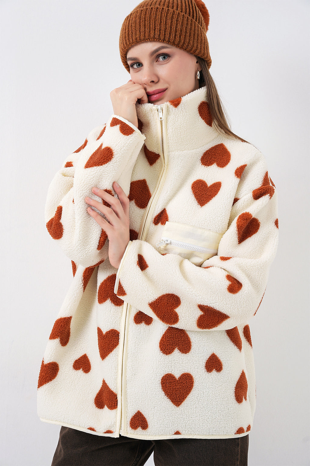 55446 Fermuarlı Oversize Peluş Ceket Mont - K. Taba