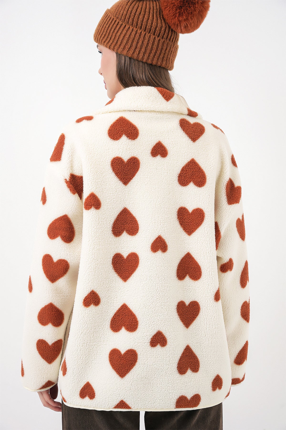 55446 Fermuarlı Oversize Peluş Ceket Mont - K. Taba