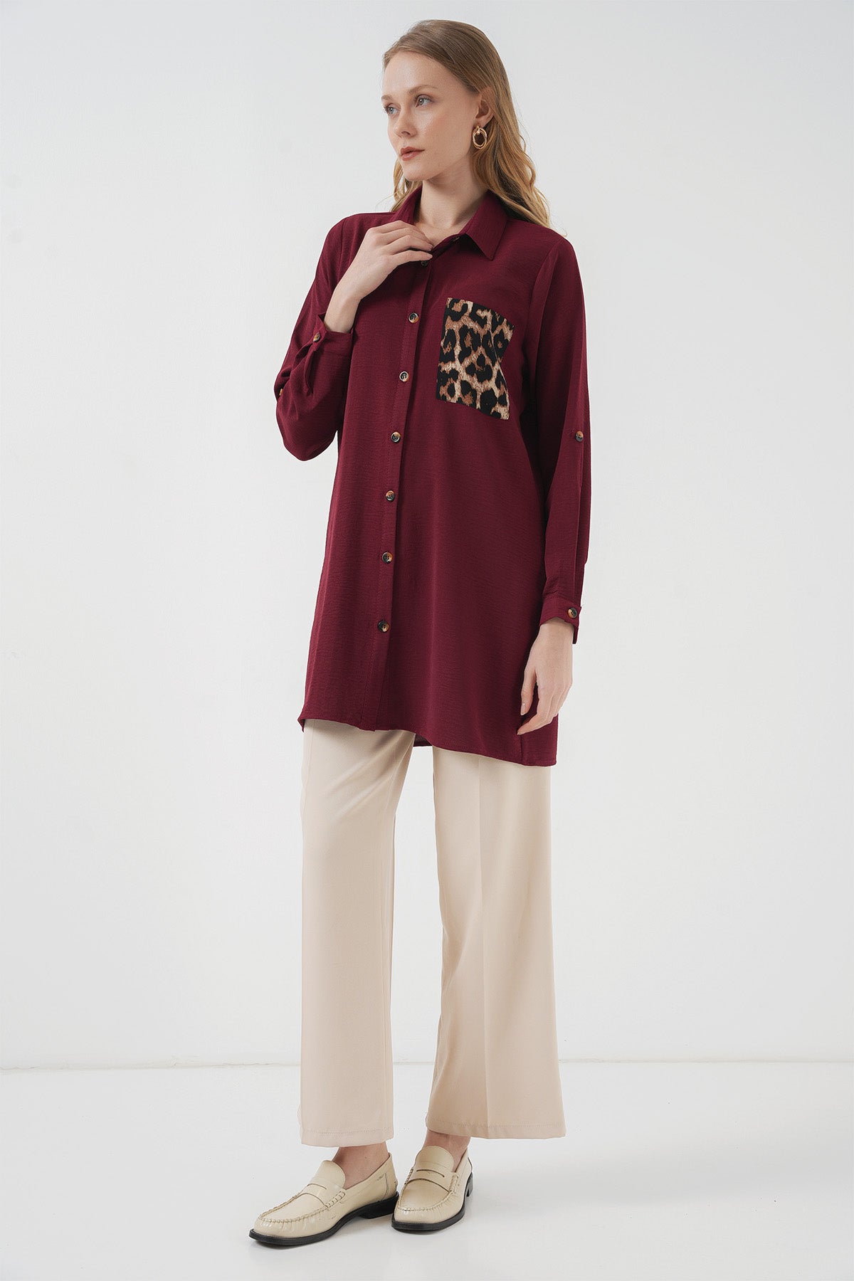 5851 Cep Detaylı Gömlek Tunik - Bordo
