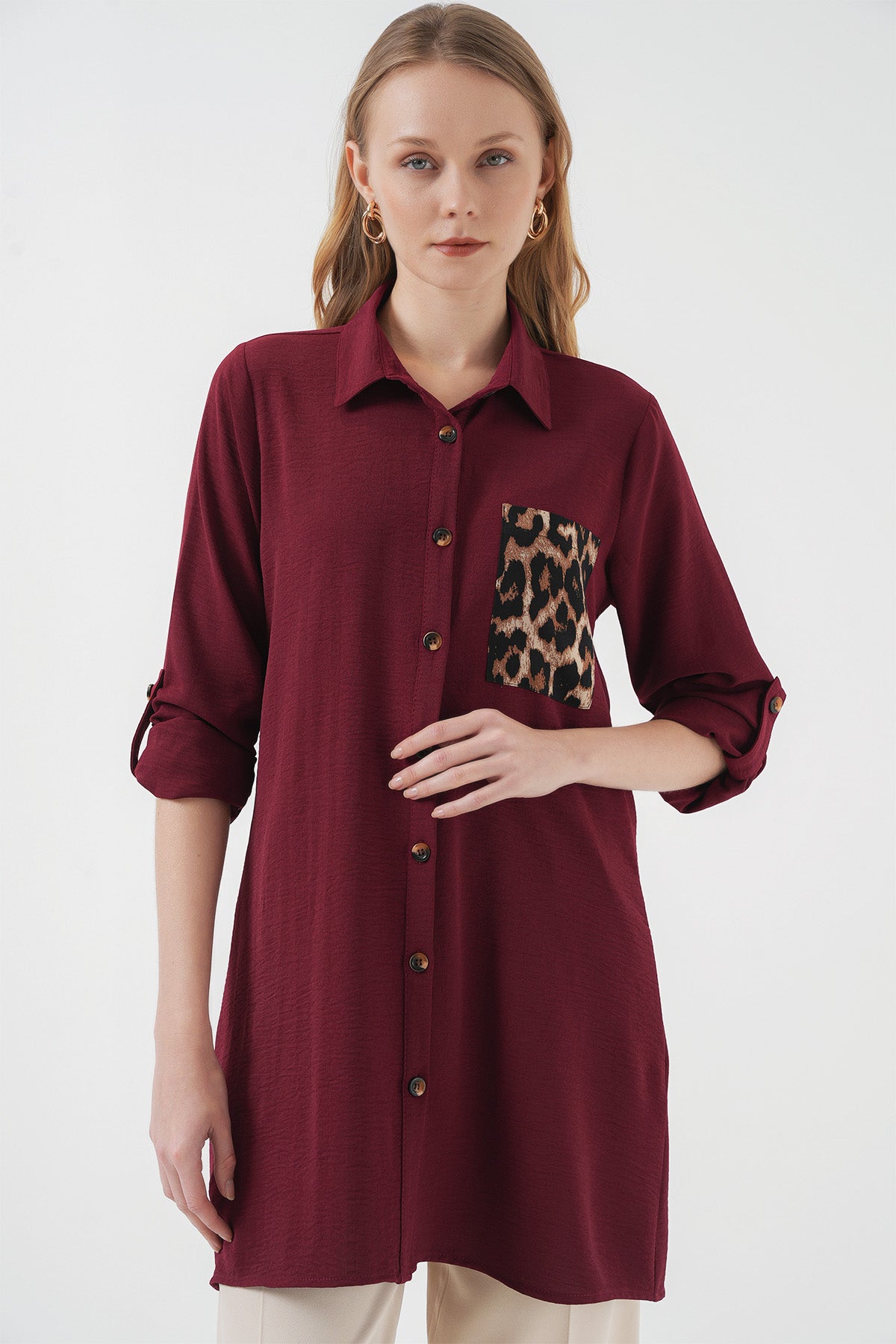 5851 Cep Detaylı Gömlek Tunik - Bordo