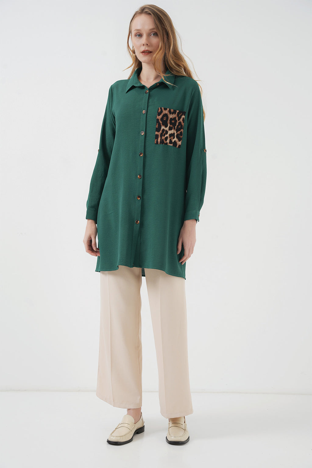 5851 Cep Detaylı Gömlek Tunik - Zümrüt Yeşili