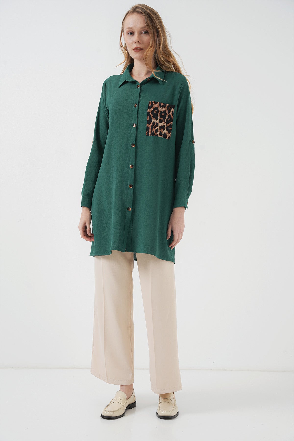 5851 Cep Detaylı Gömlek Tunik - Zümrüt Yeşili